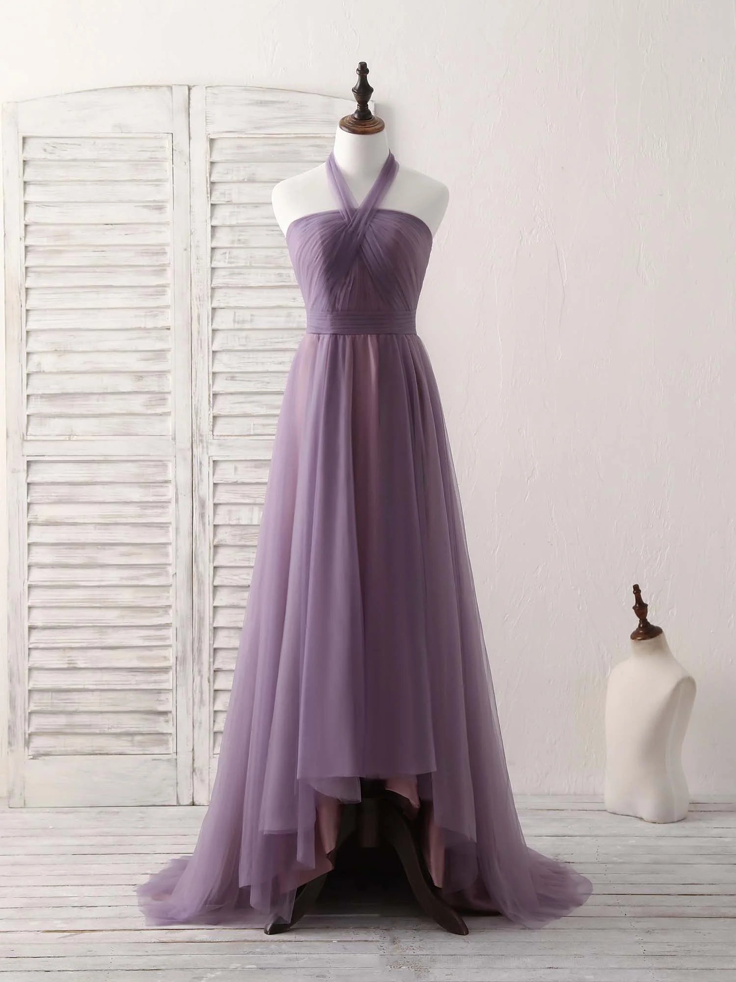 Buyishang A-Line Tulle High Low Long Prom Dress Simple Bridesmaid Dress Bridesmaid dress shop